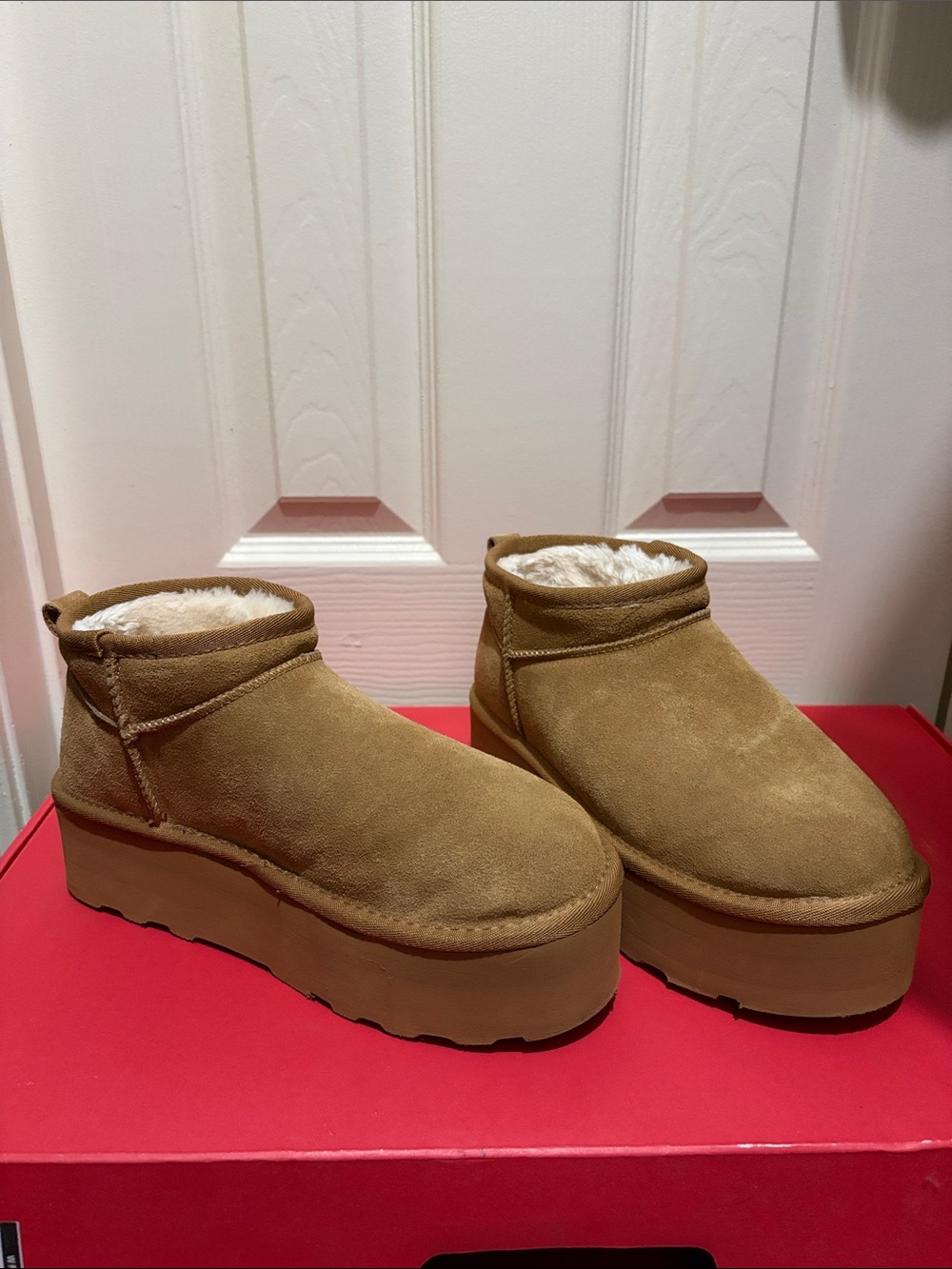 Platform Fleece-Lined Ankle Slippers in Tan